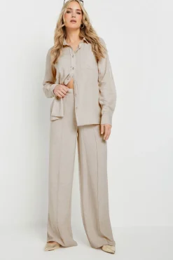 Long Tall Sally Stone Brown Linen Pleated Wide Leg Trousers