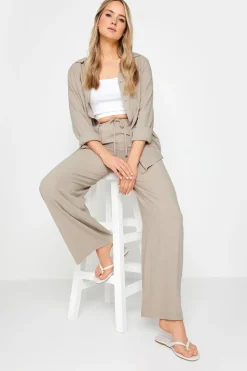 Long Tall Sally Stone Brown Linen Tie Waist Wide Leg Trousers