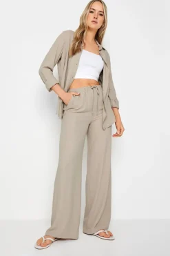 Long Tall Sally Stone Brown Linen Tie Waist Wide Leg Trousers