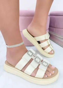 Love Lemonade Beige Crystal Buckle Triple Bow Sliders