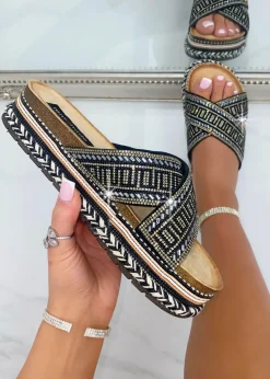 Love Lemonade Black Crystal Shimmer Wedge Sliders