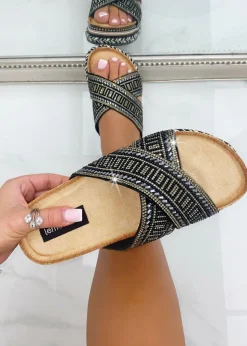 Love Lemonade Black Crystal Shimmer Wedge Sliders