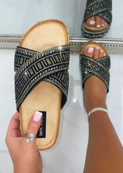 Love Lemonade Black Crystal Shimmer Wedge Sliders