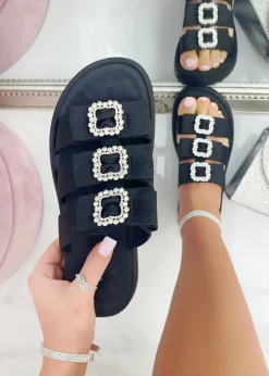 Love Lemonade Black Crystal Buckle Triple Bow Sliders