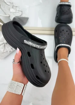 Love Lemonade Black Crystal Strap Platform Crox Clogs