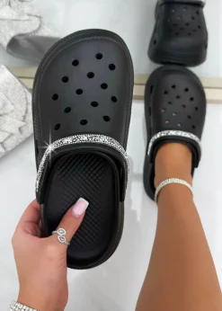 Love Lemonade Black Crystal Strap Platform Crox Clogs