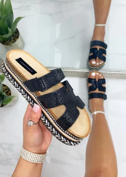 Love Lemonade Black Crystal Luxe Double Strap Sliders