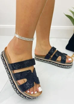 Love Lemonade Black Crystal Luxe Double Strap Sliders