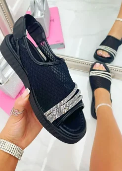 Love Lemonade Black Crystal Bling Mesh Comfort Sandals
