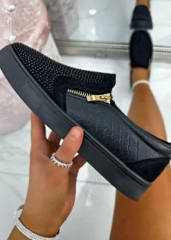 Love Lemonade Black Crystal Suede Zip Pumps