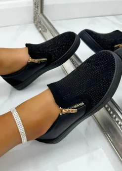 Love Lemonade Black Crystal Suede Zip Pumps