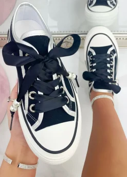 Love Lemonade Black Crystal Lover Lace Up Platform Trainers