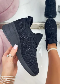 Love Lemonade Black Crystal Stretch Comfort Wedge Trainers
