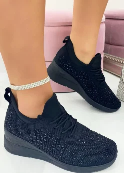 Love Lemonade Black Crystal Stretch Comfort Wedge Trainers