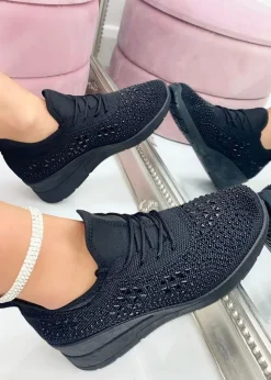 Love Lemonade Black Crystal Stretch Comfort Wedge Trainers