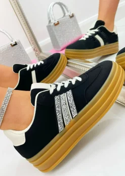 Love Lemonade Black Crystal Stripe Platform Trainers