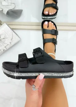 Love Lemonade Black Crystal Trim Lightweight Double Strap Sliders