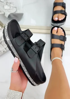 Love Lemonade Black Crystal Trim Lightweight Double Strap Sliders