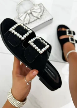 Love Lemonade Black Crystal Boho Suede Double Buckle Sliders
