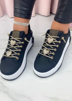 Love Lemonade Black Crystal Hearts Sparkly Lace Up Trainers