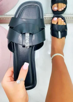 Love Lemonade Black Sparkly Crystal Wrap Flat Sliders