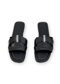 Love Lemonade Black Sparkly Crystal Wrap Flat Sliders