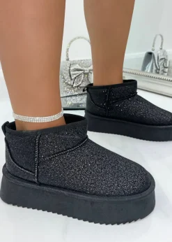 Love Lemonade Black Sparkly Glitter Snugg Platform Boots
