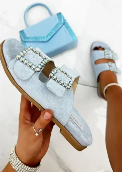 Love Lemonade Blue Crystal Boho Suede Double Buckle Sliders