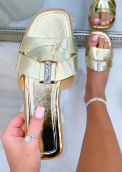Love Lemonade Gold Sparkly Crystal Wrap Flat Sliders