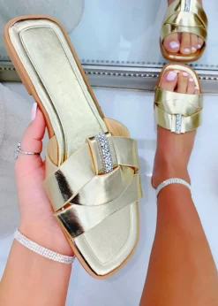 Love Lemonade Gold Sparkly Crystal Wrap Flat Sliders