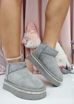 Love Lemonade Grey Crystal Trim Platform Snugg Boots