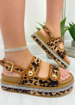 Love Lemonade Leopard  Crystal Trim Platform Sandals