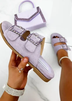 Love Lemonade Lilac Crystal Boho Suede Buckle Sliders