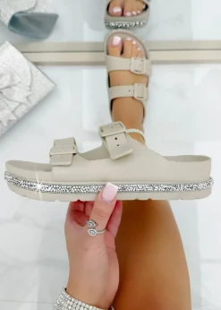 Love Lemonade Mocha Crystal Trim Lightweight Double Strap Sliders