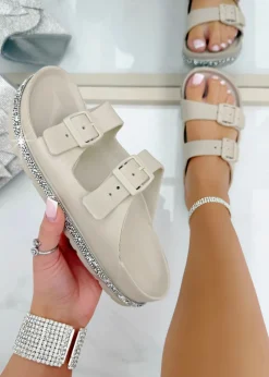 Love Lemonade Mocha Crystal Trim Lightweight Double Strap Sliders