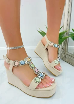 Love Lemonade Nude Sparkly Crystal Cluster Wedge Sandals