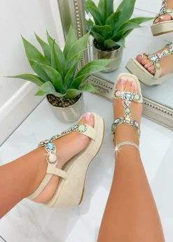 Love Lemonade Nude Sparkly Crystal Cluster Wedge Sandals