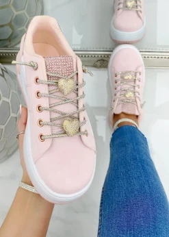 Love Lemonade Pale Pink Crystal Hearts Sparkly Lace Up Trainers