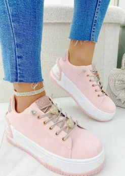 Love Lemonade Pale Pink Crystal Hearts Sparkly Lace Up Trainers