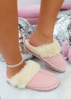 Love Lemonade Pink Crystal Trim Cosy Slippers