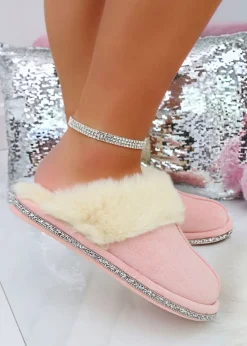 Love Lemonade Pink Crystal Trim Cosy Slippers