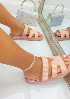 Love Lemonade Pink Crystal Trim Double Strap Sliders