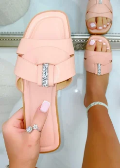 Love Lemonade Pink Sparkly Crystal Wrap Flat Sliders