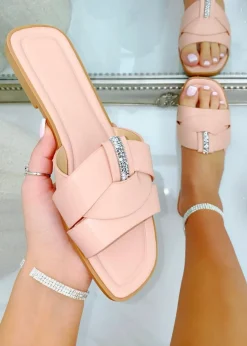 Love Lemonade Pink Sparkly Crystal Wrap Flat Sliders