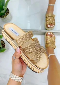 Love Lemonade Rose Gold Crystal Luxe Double Strap Sliders