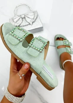 Love Lemonade Sage Green Crystal Boho Suede Double Buckle Sliders