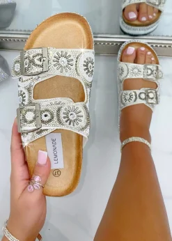 Love Lemonade Silver Crystal Radiant Double Strap Sliders