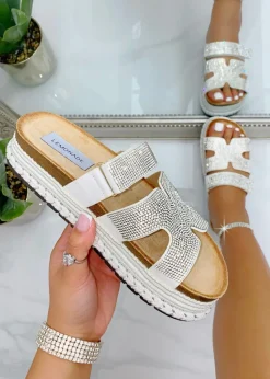 Love Lemonade Silver Crystal Luxe Double Strap Sliders