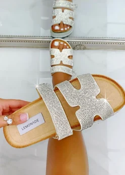 Love Lemonade Silver Crystal Luxe Double Strap Sliders