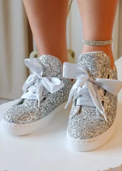 Love Lemonade Silver Sparkly Glitter Ribbon Lace Trainers